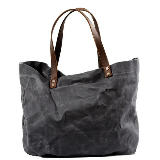 JMT-756746 Large Capacity Waterproof Oil Wax Canvas Handbag with Cowhide Trim - Versatile Shoulder Tote Bag