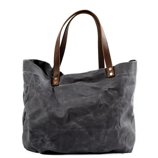 JMT-756746 Large Capacity Waterproof Oil Wax Canvas Handbag with Cowhide Trim - Versatile Shoulder Tote Bag