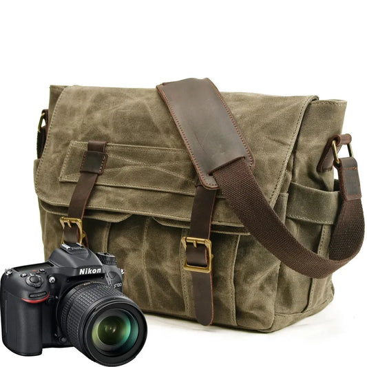 JMT-763338 Waterproof Waxed Canvas Messenger Bag with Leather Accents for Travel and Outdoor Use