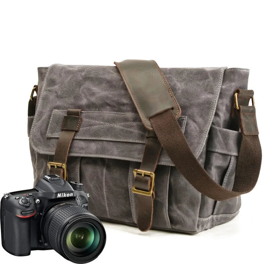 JMT-763338 Waterproof Waxed Canvas Messenger Bag with Leather Accents for Travel and Outdoor Use