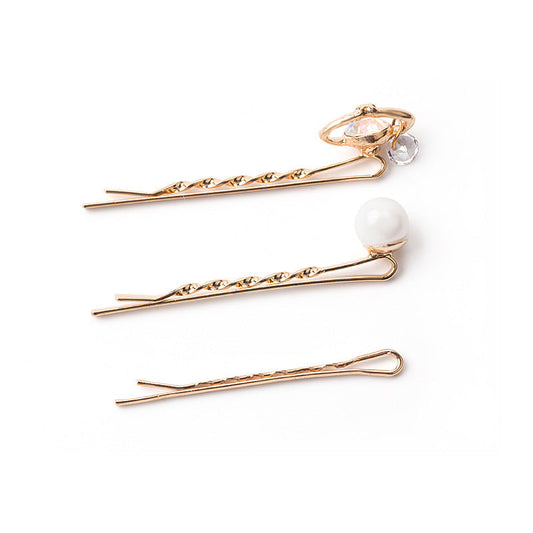 JMT-765642 Three-Piece Set of Geometric Pearl Wave Hairpins in Metal