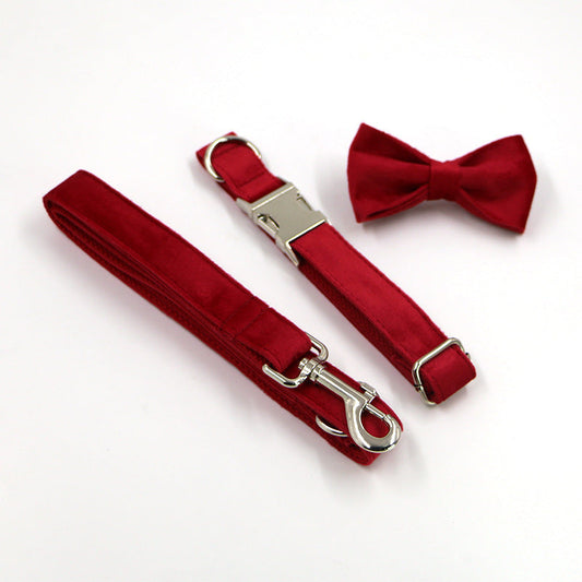 JMT-822922 Plaid Dog Collar with Bow Tie Set in Engraved Velvet - Adjustable Sizes XS to XL