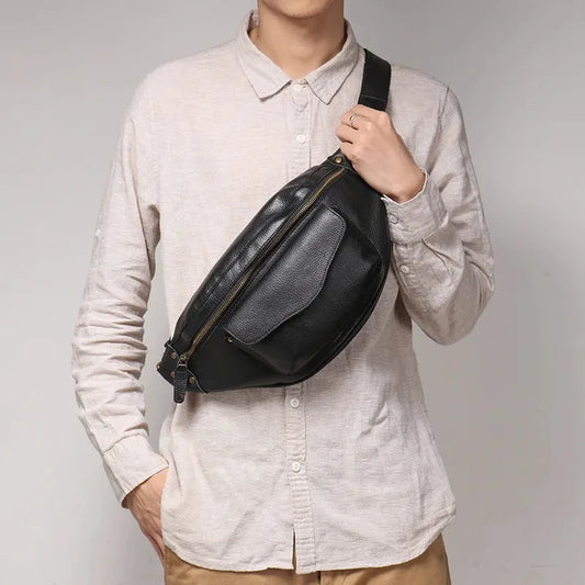 JMT-827082 Men's Genuine Leather Chest Bag in Heavyweight Waxed Canvas - Crossbody Fanny Pack with Large Capacity