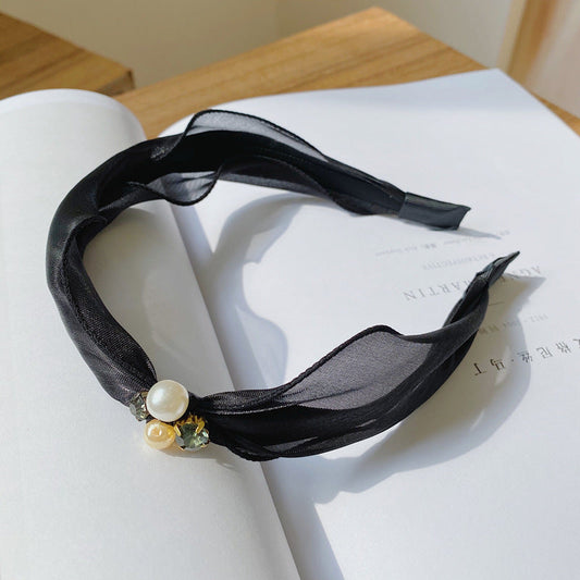 JMT-831178 Mori Organza Pearl Bowknot Headband for Women - Elegant Hair Accessory in Black and Champagne