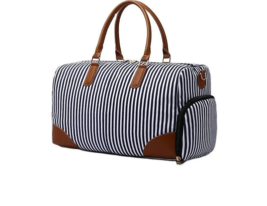 JMT-843402 Large Capacity Striped Canvas Travel Handbag with Leather Accents - Durable Shoulder Messenger Bag for Women
