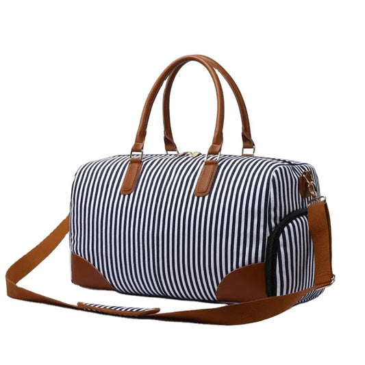 JMT-843402 Large Capacity Striped Canvas Travel Handbag with Leather Accents - Durable Shoulder Messenger Bag for Women