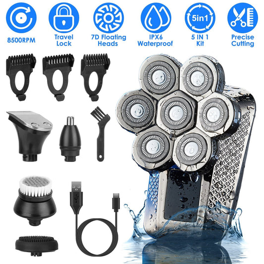 JMT-869258 5 in 1 Rechargeable Electric Rotary Head Shaver with Precision Trimmer and Waterproof Grooming Kit