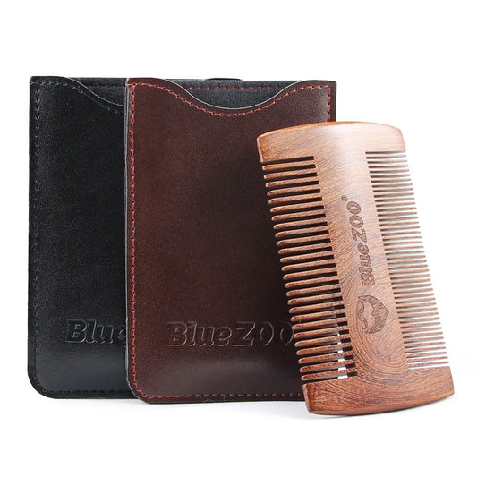 JMT-949194 Sandalwood Double-Sided Beard Comb with Portable PU Cover for Anti-Static Grooming