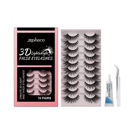 JMT-953930 3D Lightweight False Eyelashes with Tweezers and Eyelash Glue - 10 Pairs