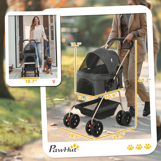 JMT-970634 3-in-1 Folding Pet Stroller with Detachable Carrier for Mini Dogs, Storage Basket and Cupholder, Gray