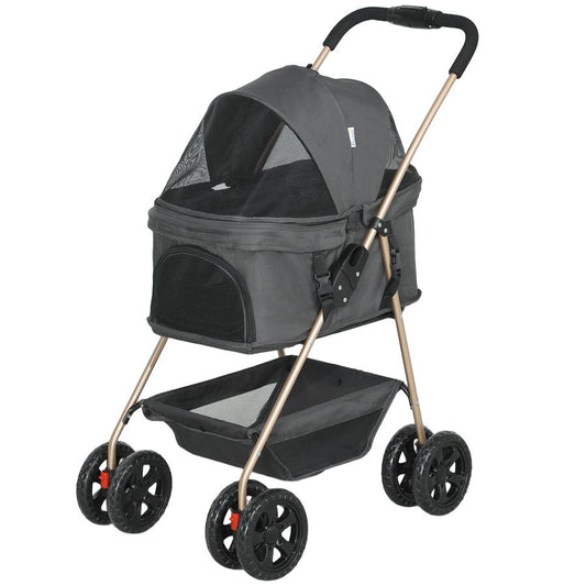 JMT-970634 3-in-1 Folding Pet Stroller with Detachable Carrier for Mini Dogs, Storage Basket and Cupholder, Gray