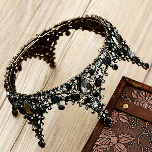 JMT-995018 Elegant Retro Round Crown Headdress with Black Crystals and Alloy Material