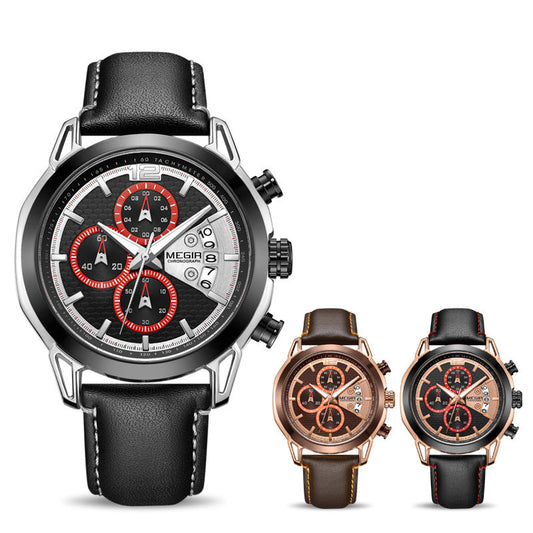 JMT-179741 Men's Waterproof Luminous Quartz Sport Chronograph Watch with Leather Strap