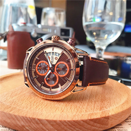 JMT-179741 Men's Waterproof Luminous Quartz Sport Chronograph Watch with Leather Strap