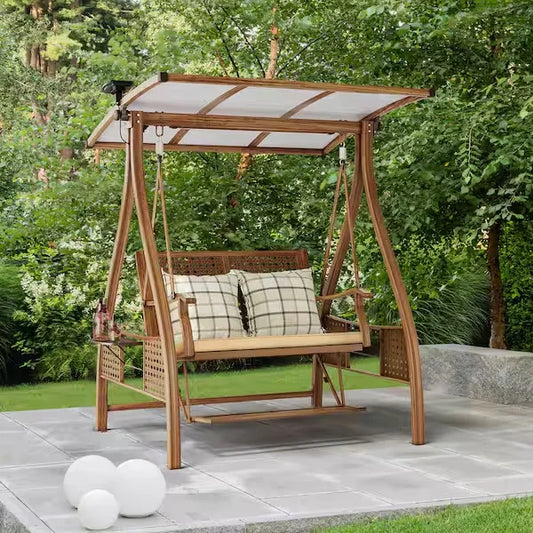 JMT-695882 Wooden Patio Swing Chair with Canopy for Garden and Backyard Relaxation