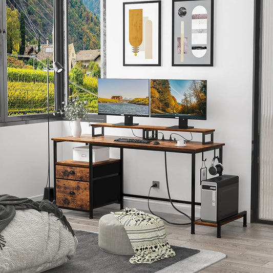 JMT-415626 Large Rustic Brown Computer Desk with 2 Removable Monitor Stands, CPU Stand, and Hooks for Home Office Use