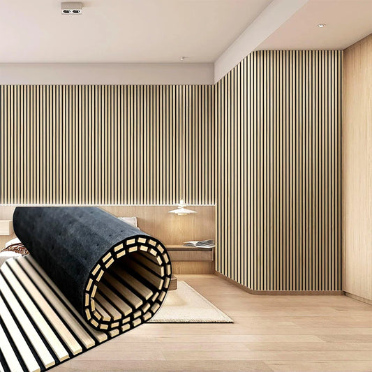 JMT-938186 Curved Wooden Acoustic Slat Panel for Walls and Ceilings, MDF and Polyester Fiber Construction