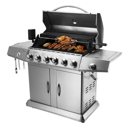 JMT-812234 6-Burner Gas BBQ Grill with Side Burner, Stainless Steel, Cast Iron Grates, and Wheels