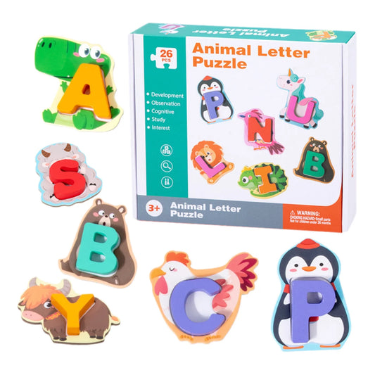 JMT-899210 Children's Wooden Animal Letter Puzzle - 26 Pcs Alphabet Matching Blocks for Educational Play