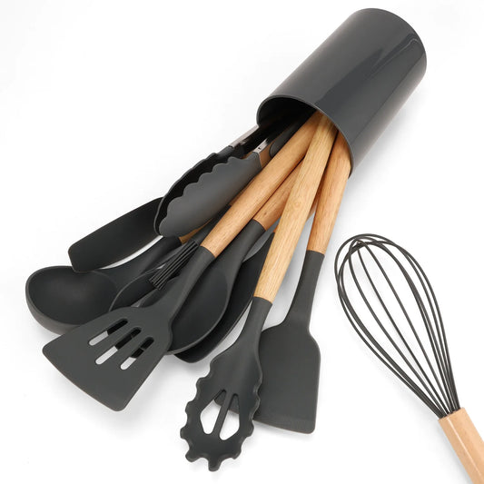 JMT-985546 12-Piece Silicone Kitchen Utensils Set with Non-Stick Wooden Handles for Versatile Cooking and Storage