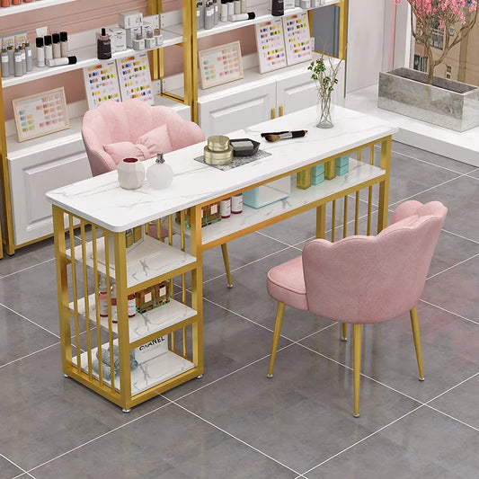JMT-763722 Modern Nail Technician Desk Set with Pink Manicure Table and Chairs for Gel Nail Services