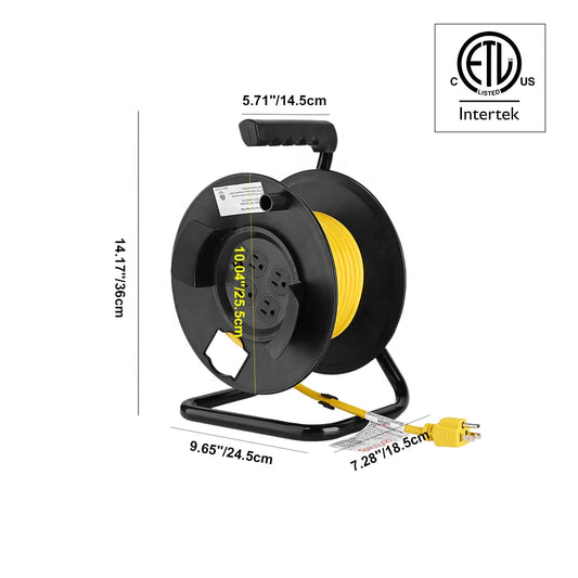 JMT-767434 Heavy Duty 25ft Extension Cord Reel with 4 Outlets and Circuit Breaker, 14/3 AWG SJTW