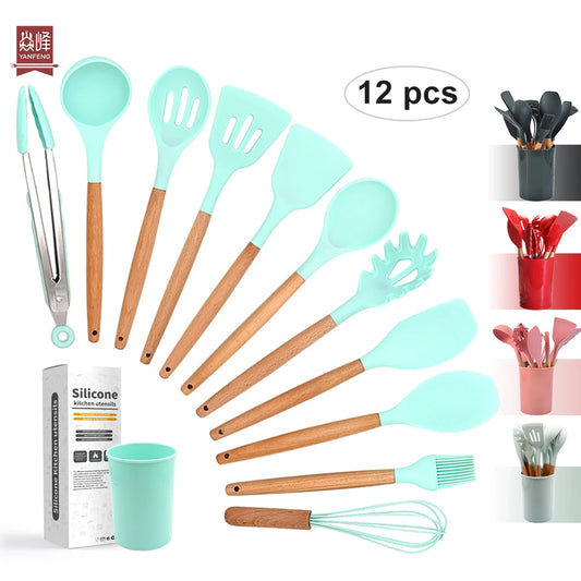 JMT-642058 12-Piece Silicone and Wood Kitchen Utensil Set for Cooking and Baking