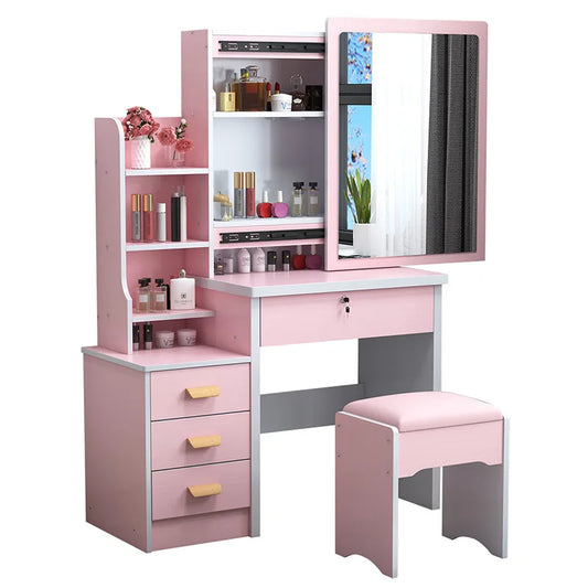 JMT-791882 Wooden Vanity Dressing Table Set with Cushioned Stool and Round Mirror
