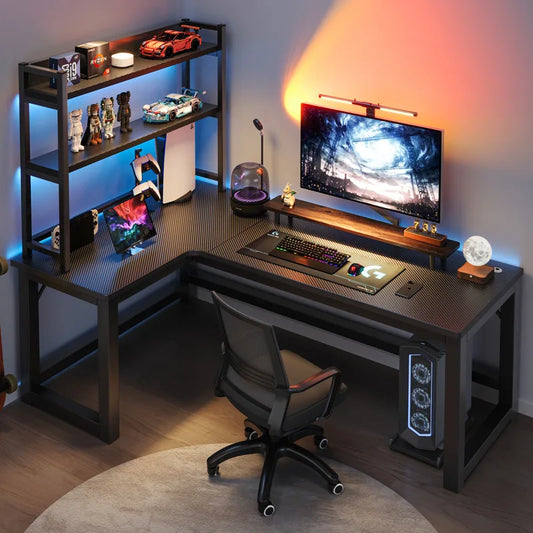 JMT-863178 L-Shaped Gaming Desk with PC Storage Shelf and Carbon Fiber Texture in Black Walnut