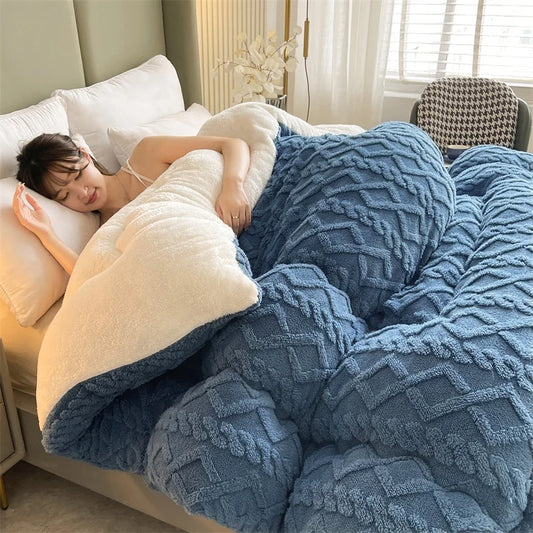 JMT-664010 Thick Jacquard Plaid Fleece Velvet Duvet - Soft Warm King Size Quilt for Winter Home Decor