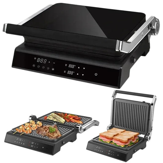 JMT-303754 Digital Glass Surface Smokeless Indoor Panini Grill - 180 Degrees Opening Contact Toaster