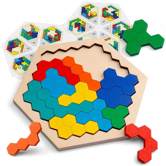JMT-981706 3D Hexagonal Wooden Puzzle Set for Children – Educational Montessori Tangram Toys