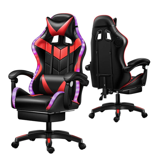 JMT-944522 Ergonomic Gaming Chair with LED RGB Lights, High Back Support, Footrest, and Adjustable Lumbar Support in Leather