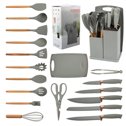JMT-837514 19-Piece Silicone Kitchen Utensil Set with Wooden Handles and Storage Bucket