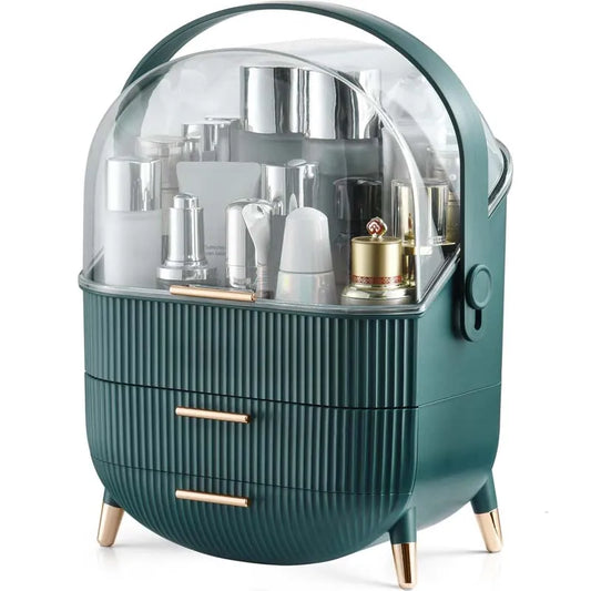 JMT-972042 360° Rotating Makeup Organizer with Lid and 2 Drawers – Space-Saving Skincare Storage Solution