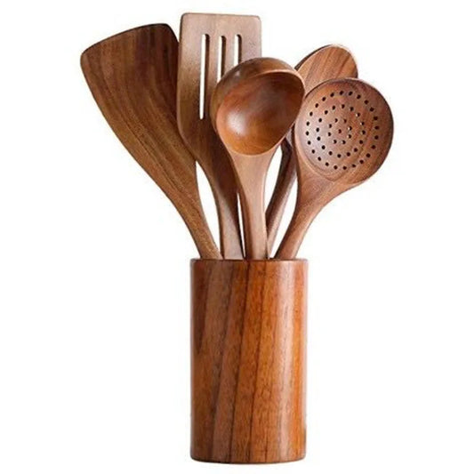 JMT-969738 7-Piece Teak Wooden Utensil Set for Nonstick Cookware with Wood Spatula