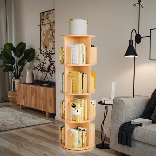 JMT-517386 Solid Wood 360° Rotating Bookshelf Tower - Bamboo Multi-Shelf Storage Solution