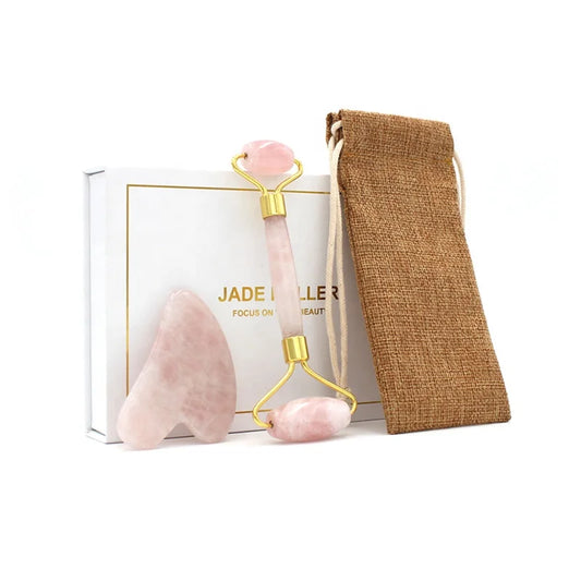 JMT-746954 Rose Quartz Facial Massage Roller and Gua Sha Set with Pouch and Gift Box