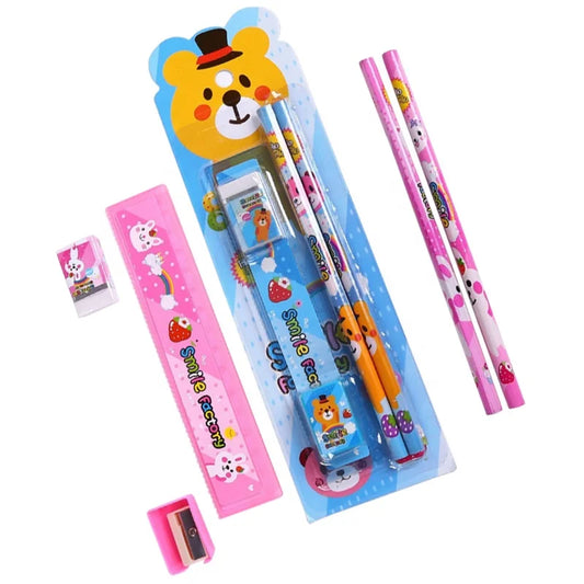 JMT-093514 5-Piece Kids' School Supplies Set with Pencil, Ruler, and Eraser in Pink and Blue