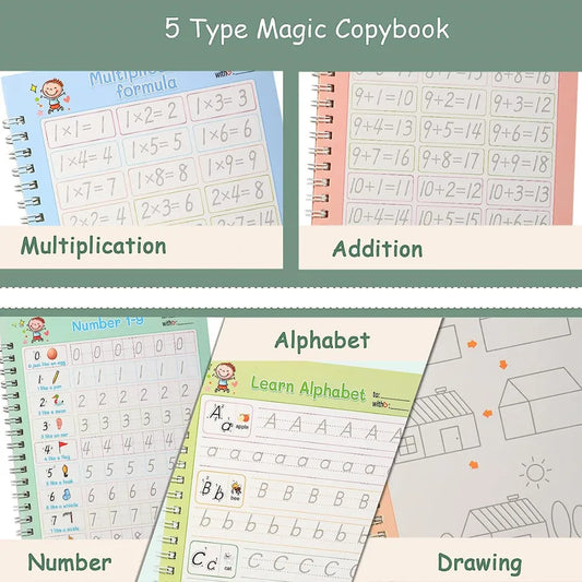 JMT-321738 Reusable Handwriting Practice Copybook for Kids - 5 Set Grooved Workbooks