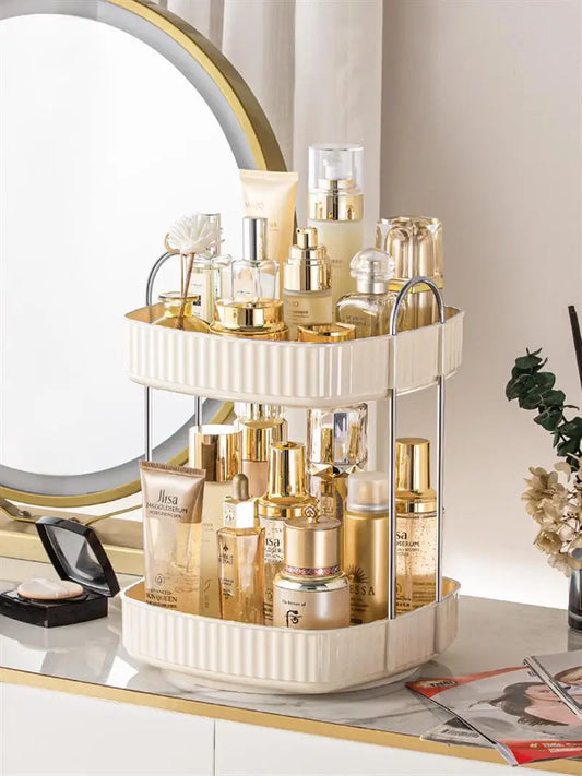 JMT-348298 Two-Layer Rotating Home Storage Organizer Rack in Cream White and Elegant Black