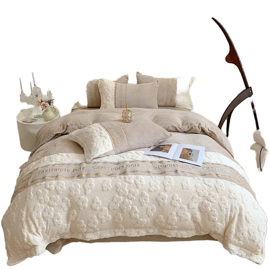 JMT-269642 Modern Cartoon Embroidered Milk Velvet Comforter Set - 4-Piece Winter Bedding Collection