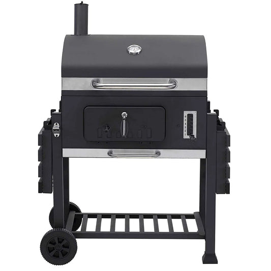 JMT-040458 Cast Iron Grill Smoker with Chimney and Lid, Square Trolley Charcoal Barbecue 152x73x137cm