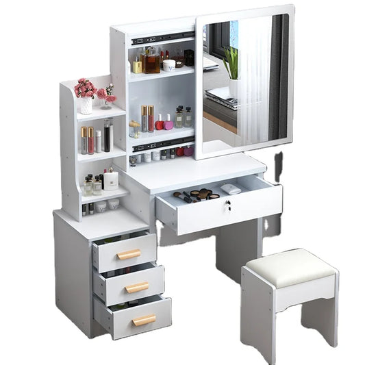 JMT-922954 Wooden Makeup Desk Vanity Set with Cushioned Stool and Round Mirror