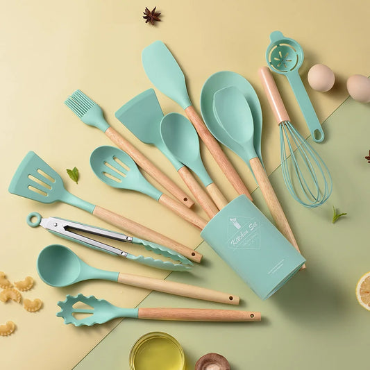 JMT-834122 Creamy White Wooden Handle Nonstick Silicone Kitchen Utensils - 11 Piece Cooking Tool Set