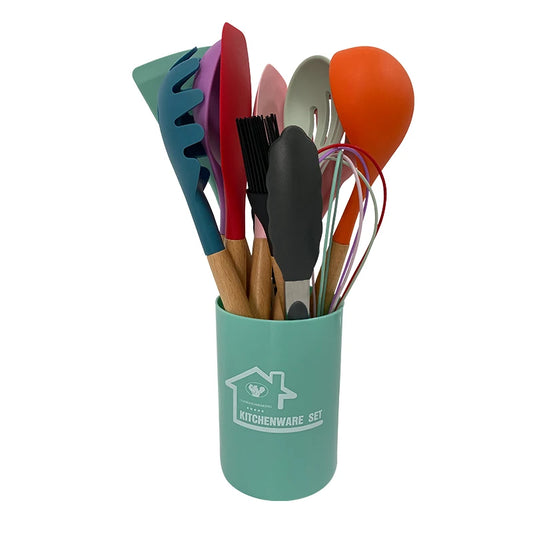 JMT-920010 Heat-Resistant Wooden Handle Silicone Cookware Set – 11 Pieces with Round Container