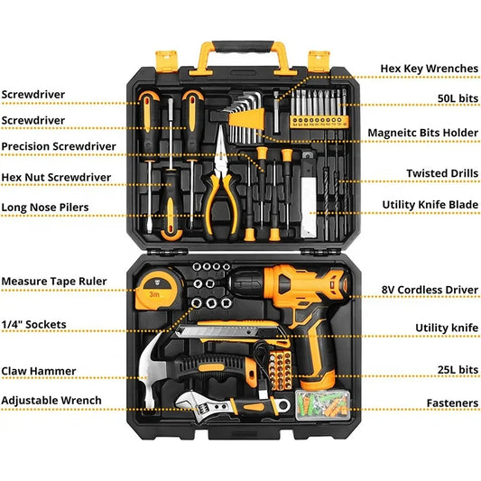 JMT-701898 126-Piece Home Tool Kit with Multi-Function Screwdriver and Storage Box for Household Repairs