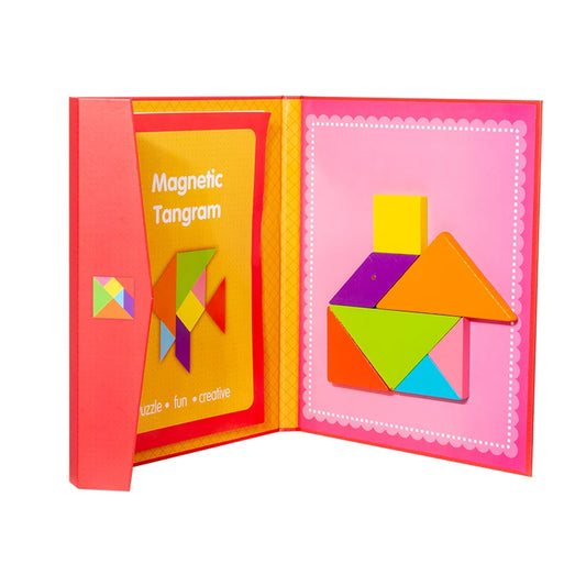 JMT-111626 Montessori Magnetic Tangram Puzzle - 3D Wooden Shape Building Blocks for Kids Learning