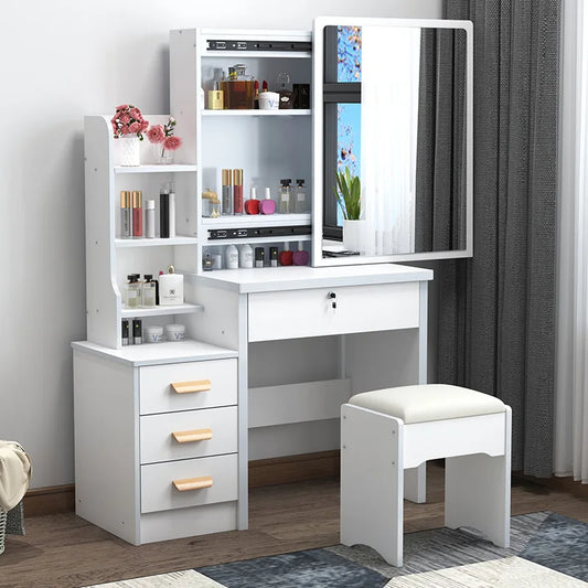 JMT-791882 Wooden Vanity Dressing Table Set with Cushioned Stool and Round Mirror