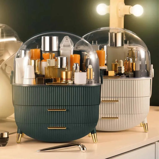 JMT-972042 360° Rotating Makeup Organizer with Lid and 2 Drawers – Space-Saving Skincare Storage Solution
